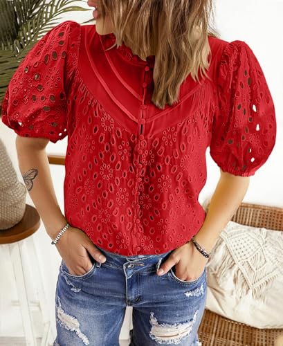 BETTE BOUTIK Women's Long Short Sleeve Tops 2025 Dressy Casual Button Hollow Out Lace Embroidered Blouses Shirts