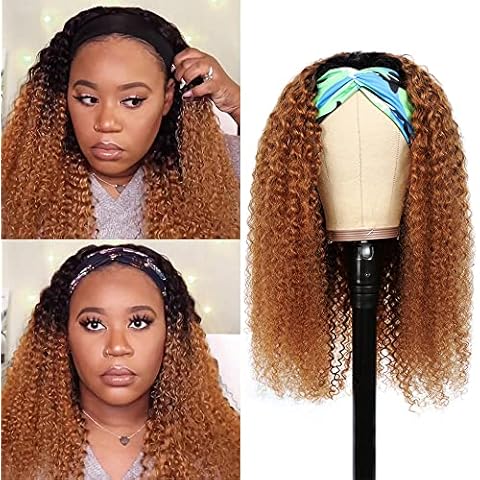 Adette Headband Wig Kinky Curly Human Hair Ombre Brown Machine Made Glueless Wig for Black Women 180% Density Curly Headband Wigs 18 Inches Cover
