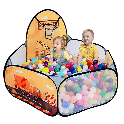 Image of LOJETON Kids Ball Pit, Pop Up 3+Children Play Tent, Toddler Ball Pool Baby Crawl Playpen with Basketball Hoop, Portable Toys for Girls Boys, 4 ft / 120 cm, Balls Not Included, Engineering Car