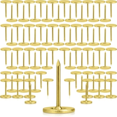 100pcs Gold Thumb Tacks Flat Head, Heavy Duty Metal Push Pins for Wall Hanging, 0.6" Long Decorative Upholstery Tacks for Furniture, Bulletin Board, DIY Crafts & Office - Map Nails & Drawing Pins