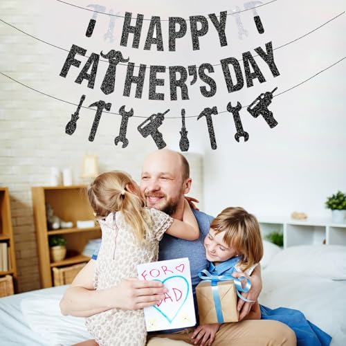 Image of Pre-Strung Happy Fathers Day Banner Party Decorations, NO DIY Glitter Fathers Day Banner with Household Tools Garland for Step Dad Grandpa Papa Home Indoor Mantel Wall Room Photo Props Backdrop Decor