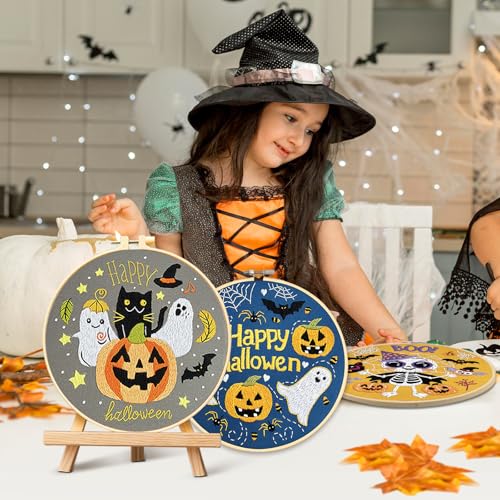 Image of XM-GENYUE 3 Sets Festival Pattern Embroidery Kit with Embroidery Hoop, Easy Hand Embroidery Kit for Beginners and Adults, Full Embroidery Hoop Kit with Needles and Thread Included