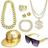 LOREMOW 80s 90s Hip Hop Costume Kit Faux Gold Chain Dollar Sign Ring Necklace Cap Jewelry Set Old School Rapper Accessories