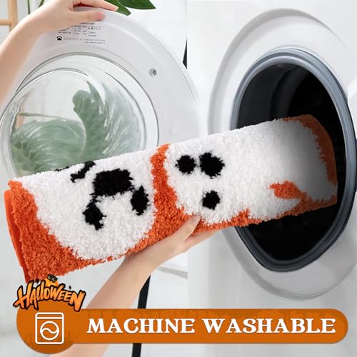 Pauwer Halloween Bathroom Rugs Sets 3 Piece, Fall Microfiber Bath Mats for Bathroom with U-Shaped Contour Toilet Rug, Spooky Soft Absorbent Washable Non Slip Bath Mat Set, Orange Ghost
