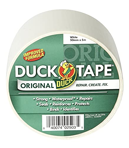 Duck Tape Original White Duct Tape 50mm x 5m Heavy Duty Waterproof Gaffer Gaffa Sticky Tape Strong Adhesive Cloth Repair Tape Suitable for Packing boxes Moving House Parcels or Packaging