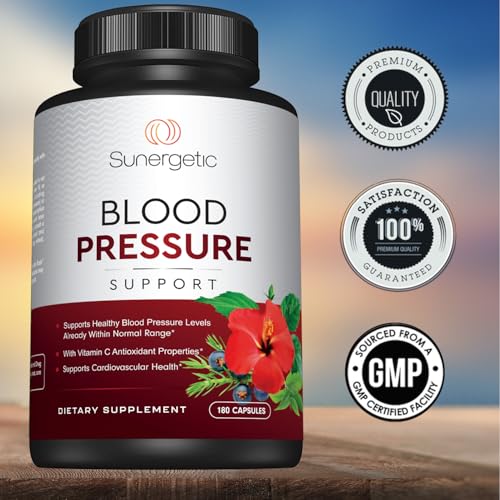 Image of Sunergetic Premium Blood Pressure Support Supplement for Cardiovascular & Heart Health with Garlic, Hawthorn & Hibiscus (180 Capsules)
