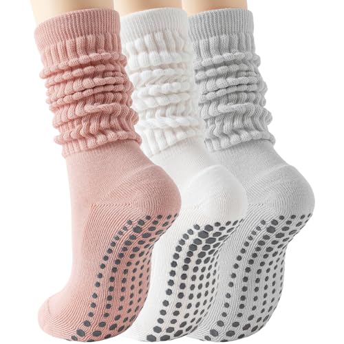HOUZONIY Slouch Pilates Socks with Grips for Women Non Slip Yoga Long Scrunch Socks Thick Sole for Hospital Athletic Workout (WTPKDGY)
