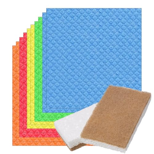 Swedish Dishcloths 10 Pack, 20 x 18cm + 2 Eco Pot Scrubbers, Reusable Dish Cloth for Kitchen & Home, Super Absorbent Cellulose Cloths for Dishwashing & Cleaning (7 x 8inch, Multi Colours)