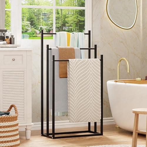 Image of Lukzer Premium Metal Towel Rack | 3-Bar Sturdy Free-Standing Garment Organizer Stand | Multi-Functional & Versatile for Towels, Clothes, and Accessories (MGS-007 /Black /45x22x85 cm)