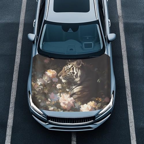 Image of Tiger Print Car Hood Cover, Elastic Protector for Car Hood, Car Hood Flag Waterproof Auto Decorative Accessories Easy Installation for Car Hood Protection