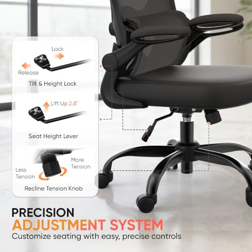 Image of VUSIGN Ergonomic Office Chair, High Back Mesh Desk Chair with Adjustable 3D Headrest & Lumbar Support, Flip-Up Arms, 300lbs Wide Seat Swivel Rolling Computer Gaming Chair, for Home Office - Black