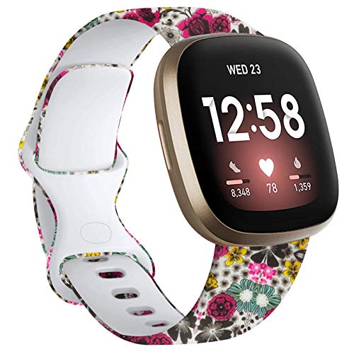 FunBand Compatible with Versa 3/ Versa 4/ Fitbit Sense Strap Bands,Floral Pattern Printed Soft Silicone Fitness Sports Replacement Wrist Strap Bracelet for Versa 3/ Versa 4/ Fitbit Sense Smart Watch