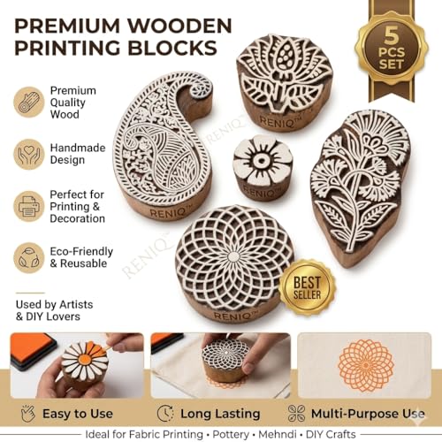 Image of RENIQ Wooden Printing Block for Fabric & DIY Craft | Handcrafted Indian Design Stamp for Textile, Pottery, Mehndi & Home Decor (Multicolor15)
