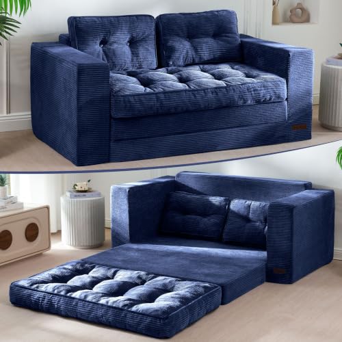 Image of MAXYOYO Convertible Sofa Bed, Pull Out Loveseat Sofa Couch, 2 in 1 Folding Couch Bed, Fold Out Floor Couch with Pillows for Living Room Lounge, Navy