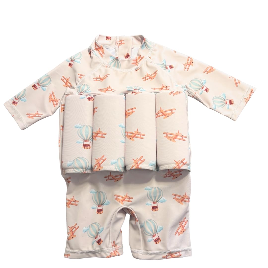 Maillot de Bain Enfant garçon Une pièce Aide à la flottabilité, Flotteurs retirables pour sécurité Confiance, Protection Anti-UV+, Motif Montgolfières Avions, Combinaison Manches Longues, Vintage