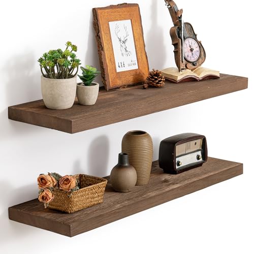 Image of Marsmiles 30 Inch Floating Shelves | 9.3 Inch Deep Dark Wood Shelves Set of 2 | 36''W x 9.3''D Wood Shelves with Invisible Brackets for Farmhouse Living Room Bathroom
