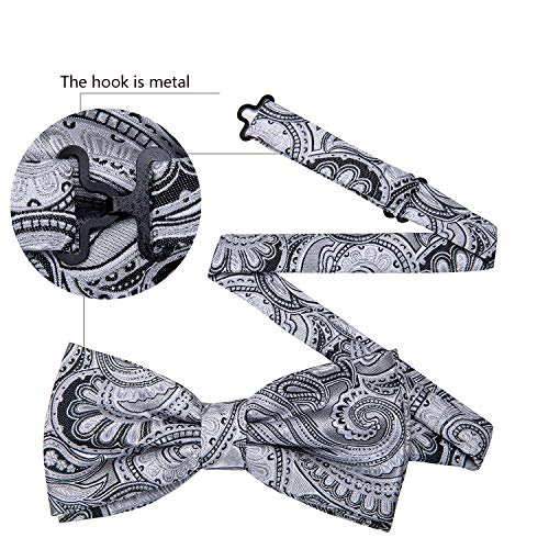 Image of Barry.Wang Paisley Striped Bow Tie for Men Silk Pre-Tied Bowtie Pocket Square Cufflinks Set Formal Wedding Party Prom