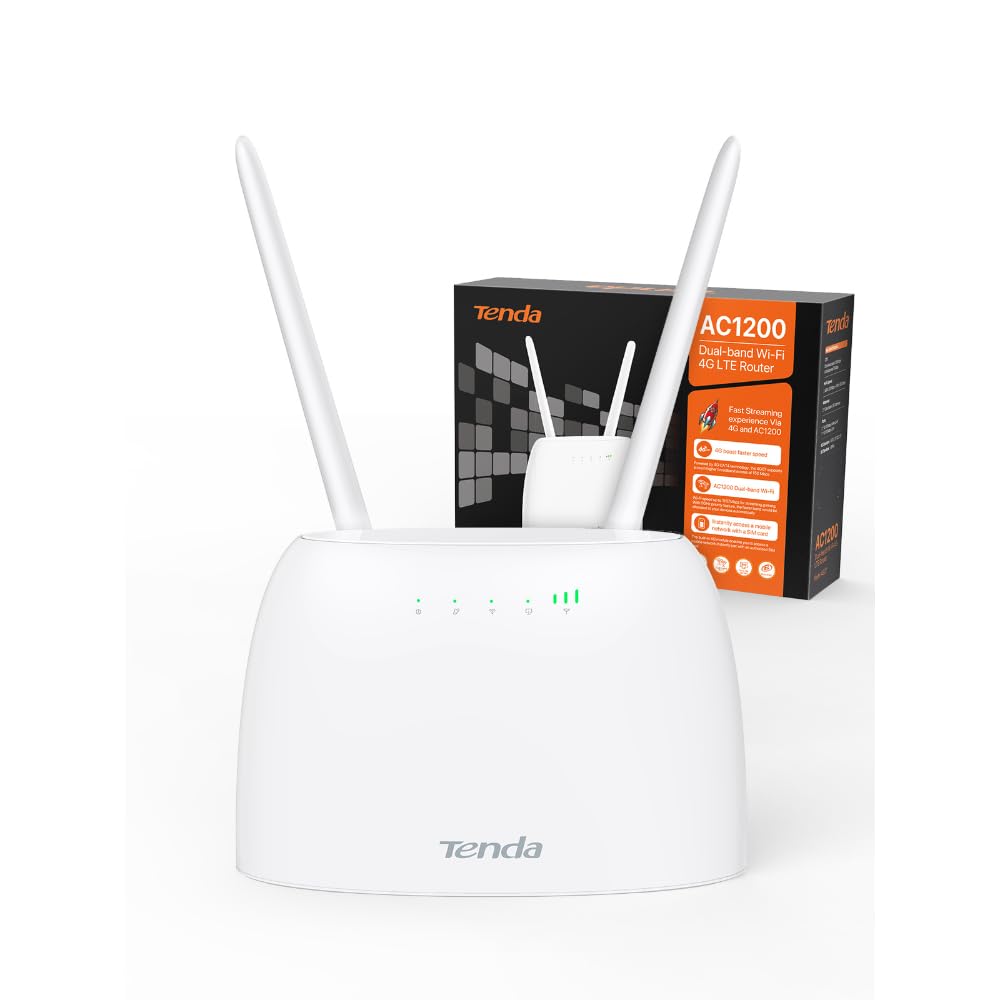 Tenda 4G07 4G LTE WLAN Router für SIM-Karten (CAT4, AC1200 Dualband 2,4GHz: 300Mbit/s + 5GHz: 867Mbit/s, 150 Mbit/s im Download) Plug & Play, LAN/WAN-Port, 2 Abnehmbare Antennen, MU-MIMO, Weiß