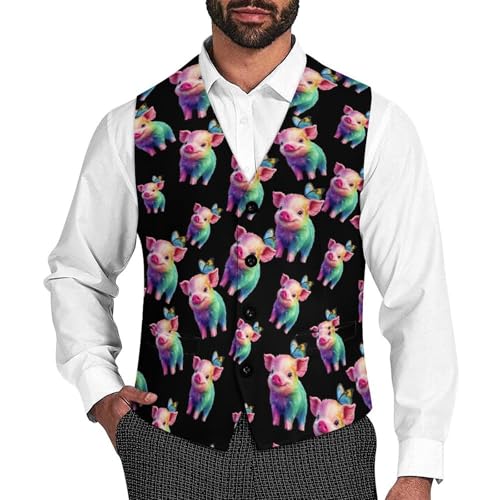 Colorful Pigs with Butterfly Suit Vest for Men Slim Fit Tuxedo Waistcoat Button Down V Neck Business Dress Coat