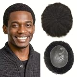 Afro Toupee Curly Human Hair Units for Black Men Replacement System Full Poly PU African American Man Weave Units Hairpiece (1B# Natural Black, 2MM Afro Wavy)