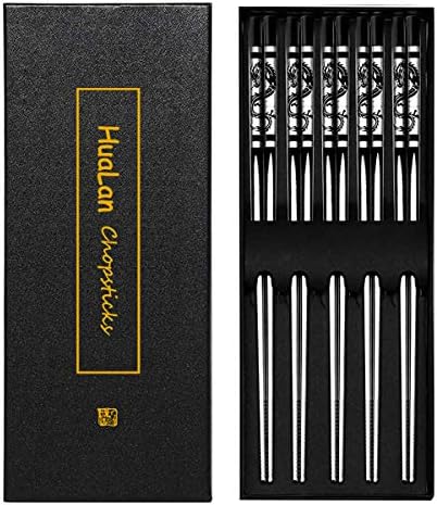 HuaLan Metal Alloy Chopsticks Stainless Steel Non-Slip Design Chopstick Dishwasher Safe Chop Sticks Laser Engraved Dragon Pattern 5 Pairs Gift Set