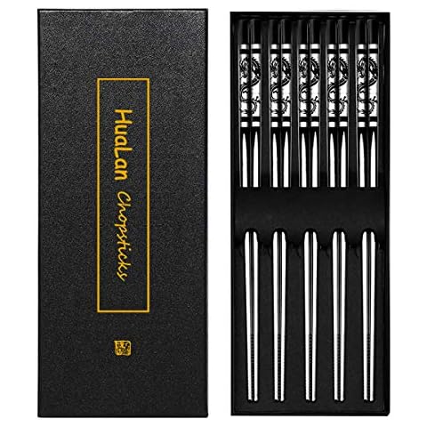 HuaLan Metal Alloy Chopsticks Stainless Steel Non-Slip Design Chopstick Dishwasher Safe Chop Sticks Laser Engraved Dragon Pattern 5 Pairs Gift Set Cover