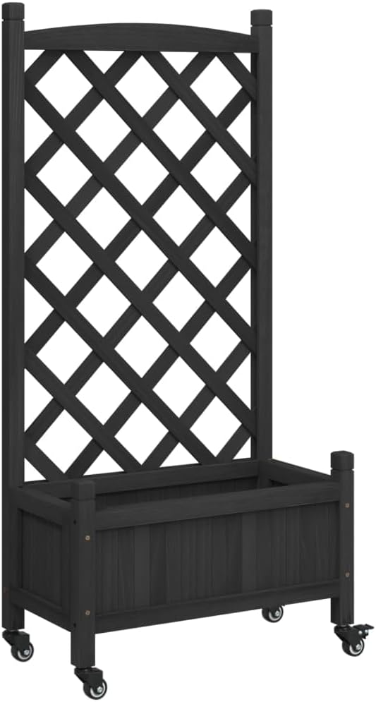 vidaXL Outdoor Planter with Trellis and Wheels - Black Solid Fir Wood Flower Box for Patio, Garden, Terrace - Spacious and Mobile Design, 21.7"x11.6"x46.3"