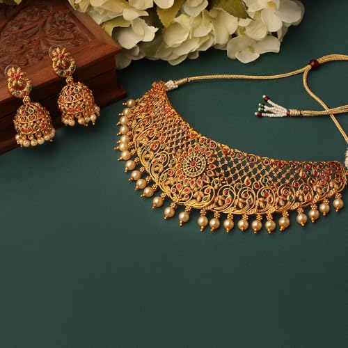 Image of Shining Diva Fashion Stylish Fancy Pearl Choker Traditional Jewellery Set for Women | Temple Necklace Set | Festive Wedding Party Necklace | 22k Gold Plated | Just Like Original Gold Jewellery