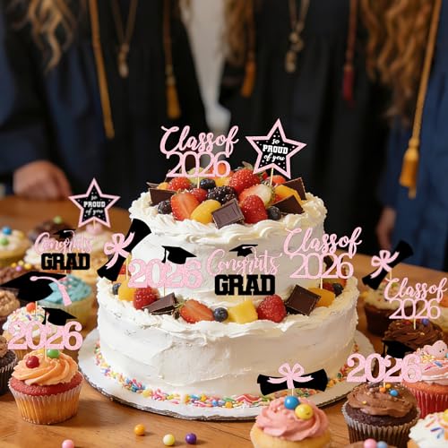 Image of 48 PCS Grad Cupcake Toppers, 6 Styles Graduation Cake Topper, Congrats Glittery Graduation Decorations 2026, Black and Pink Cap and Diploma Cake Picks for Grad Party Supplies