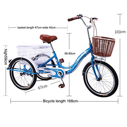 Retro-Dreirad für Erwachsene, Trike, Cruise-Fahrrad, 20-Zoll-Rad, Singlespeed, 3-Rad-Fahrrad mit großem Korb zum Einkaufen, Erholung, Übung (Blau) – Bild 3