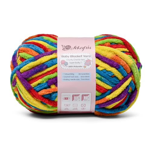 Image of Rainbow 7.05 oz /98.4 yds Chunky Chenille Yarn for Crocheting, #7 Super Bulky Baby Blanket Yarn for Crocheting Soft, Fluffy Velvet Yarn for Knitting, Amigurumi Crochet Yarn for Crafts