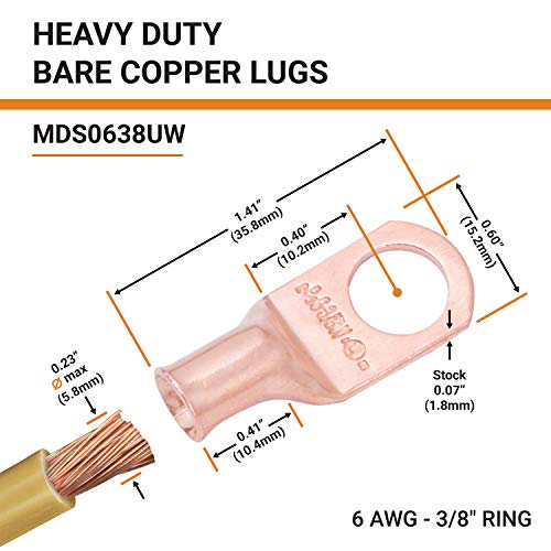 Selterm 2Pcs 6 Awg 3/8" Stud Copper Wire Lugs, Battery Lugs, Ring Terminals, Battery Cable Ends, 6 Gauge Ring Terminal Connectors, Ul Heavy Duty Bare Copper Eyelets Battery Terminal Connectors #TOP1