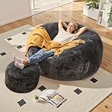 weaxty W 5ft Bean Bag Chairs for Adults with Filling, 2 Piece Giant Bean Bags & Ottoman, Memory Foam Filled Beanbag with Soft Plush Removable Cover, Lazy Sofa for Living Room Bedroom (Dark Gray, 5 ft)
