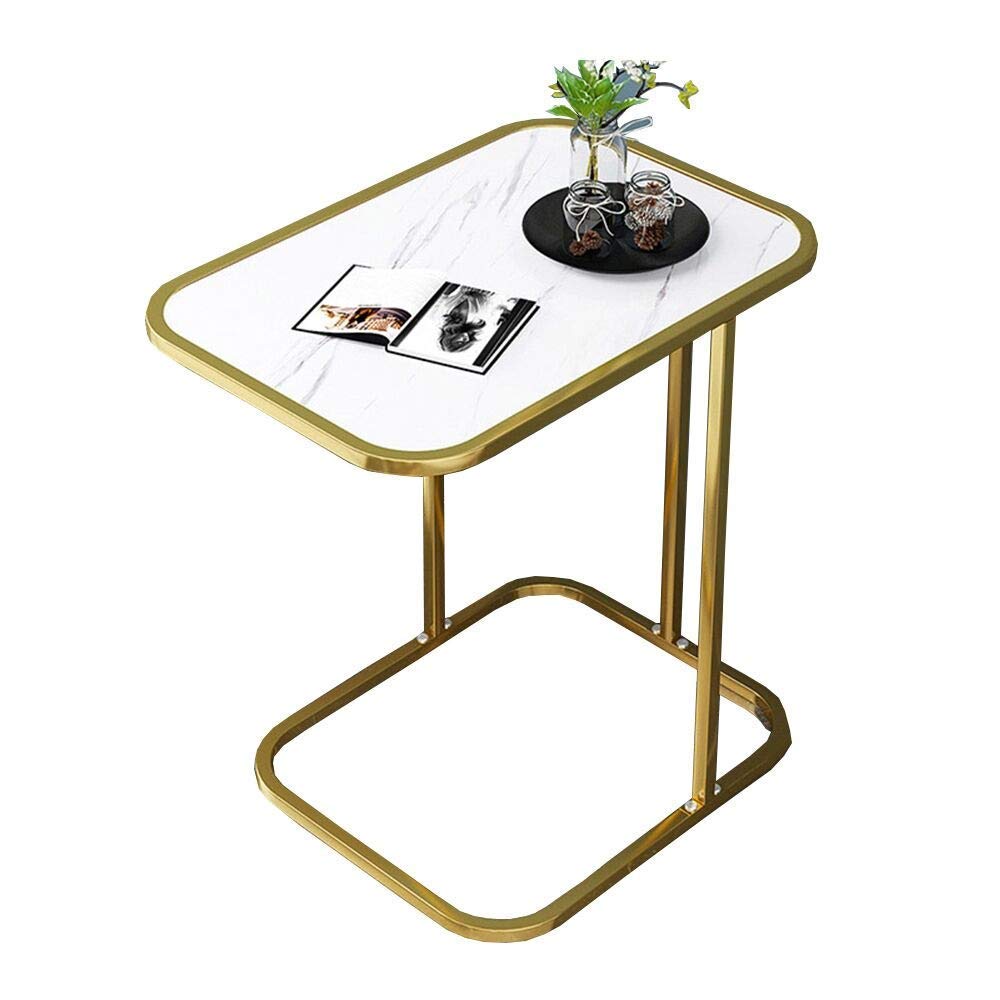 Round Coffee Table Marble Look Sofa Side Table Living Room Snack Table Laptop Desk Bedroom Night Storage Rack, 50x30x55CM (Color : White+gold)