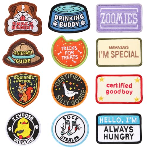 Abofth 12 Pcs Funny Dog Patches for Harness Removable Embroidered Appliques with Hook & Loop Tactical Vest Patches for Pets Cute Puppy Badges(Good boy)