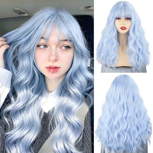 Xinran Light Blue Wavy Synthetic Wig for Women 18 Inch Medium Long Curly Wig with Natural Bangs Heat Resistant Fashion Wig for Daily Wear Halloween
