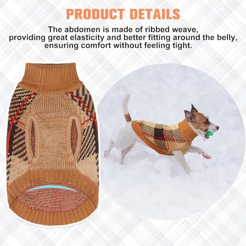 Image of BEAUTYZOO Small Dog Sweater, Plaid Knit Winter Clothes with Harness Hole | Turtleneck Pullover Fall Knitwear for Girl Boy Puppy, Fuzzy Fleece Cold Weather Coat Female Male, Warm Sweatshirt, Khaki SM