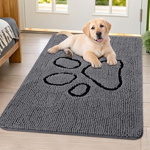 Image of Smiry Dog Door Mat for Muddy Paws, Absorbent Dirt Trapper Non Slip Quick Dry Washable Chenille Mat for Mud Dogs, Entry Rug for Indoor and Outdoor (40x32 Inches, Dark Grey and Black)