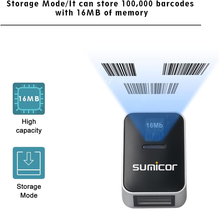Bluetooth Ring Barcode Scanner, Sumicor Wearable Finger Bar Code Reader Portable Mnin Barcode 3-in-1 Bluetooth & 2.4Ghz Wireless & USB Work with iOS Android Windows Linux Mac OS