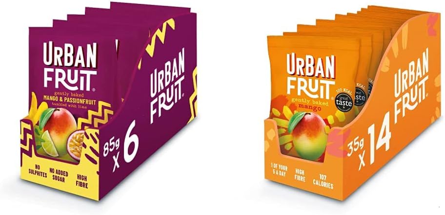 URBAN FRUIT Mango & Passionfruit - Sharing Pack - Gently Baked Fruit - Healthy Vegan Snack - 6 x 85g & URBAN FRUIT Mango - Snack Pack - Gently Baked Fruit - Healthy Vegan Snack - 14 x 35g