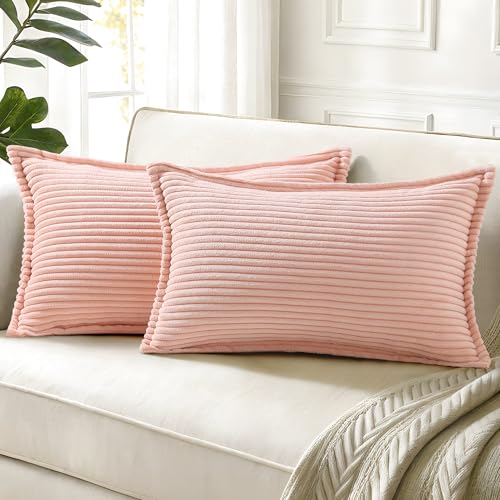 decorUhome Corduroy Pink Throw Pillow Covers 12x20 Set of 2 Decorative Soft Boho Striped Lumbar Neutral Euro Farmhouse Couch Pillow Cases with Broadside for Living Room Bed Sofa
