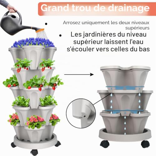 GameXcel Jardinière verticale empilable à 5 niveaux pour fraises, herbes, fleurs et légumes, pots de jardinage d'intérieur et d'extérieur avec roues amovibles et outils – vue 2