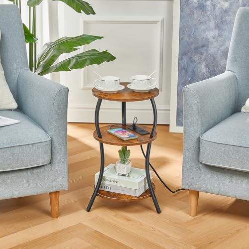 Small Round Side Table with Charging Station, 3-Tier Waist Circular End Table with Storage Shelf, Compact Tea Sofa Side Table Small Spaces, Round Corner Coffee Table for Living Room Bedroon,Brown - Image 5