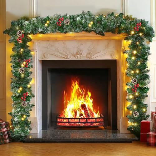 2.7M/9FT Christmas Garland for Fireplace, Christmas Garland with Lights, Decorative Garland Wreath with Snow, Pinecones and Berries for Fireplace Stair Door Xmas Tree Garden Yard Holiday Decor