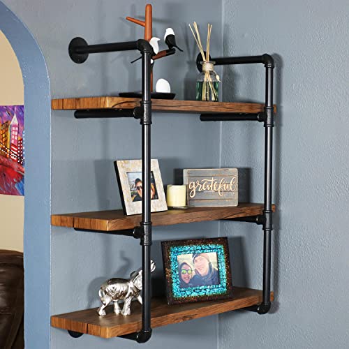 Sunnydaze 3-Tier Wall-Mount Bookshelf - Industrial Pipe Style Frame With Veneer Floating Shelves - Holds Books, Media, Storage Cubes, Dvds And More - North American Teak #TOP29