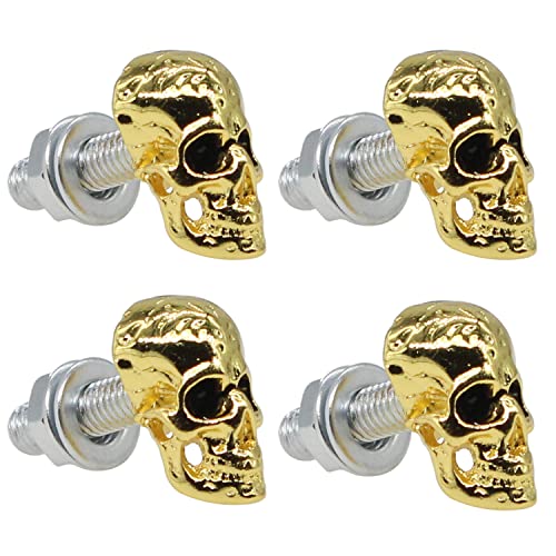 License Plate Bolts, 4 pcs Universal Skull Style Stainless Steel License Plate Screw Kit for Motorcycle Chopper Windshield Trim Car Tag Frame, Unique Addition to Your Bike. (Gold)