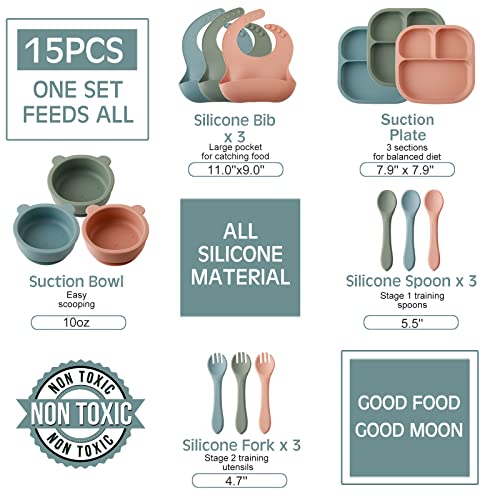 Zubebe 15 Pcs Baby Led Weaning Supplies Silicone Baby Feeding Set Divided Toddler Plates Suction Plates For Baby Eating Supplies Toddler Utensils Suction Bowl Spoon Fork Silicone Bib (Fresh Color) #TOP6
