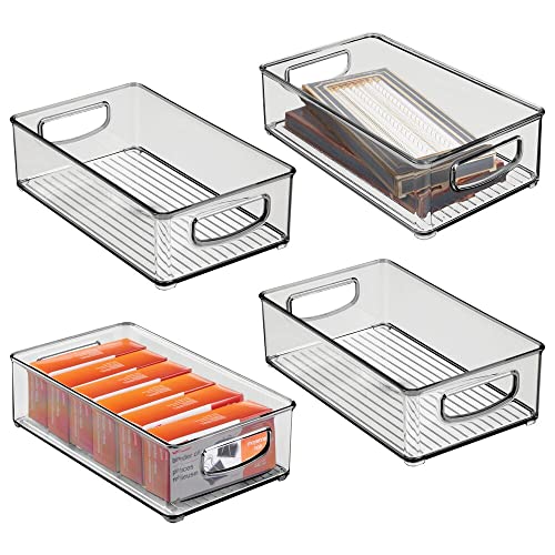 mDesign Small Plastic Office Storage Container Bins w/Handles for Organization in Filing Cabinet, Closet Shelf, Desk Drawers, Organizer for Notes, Pens, Pencils - Ligne Collection, 4 Pack, Smoke Gray