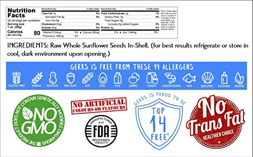 Gerbs Raw Whole Sunflower Seed In Shell 2 Lbs., Top 14 Allergy Free Foods, Healthy Superfood Snack, Non Gmo, No Oils, No Preservatives, Resealable Bag, Gluten Free, Peanut Free, Vegan, Keto, Kosher #TOP6