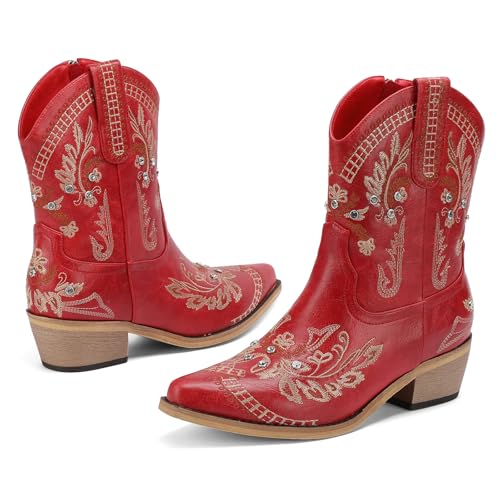 Image of Rhinestone Ankle Cowboy Boots for Women Embroidered Short Cowgirl Boots with Low Heel Side Zipper Comfortable Chunky Heel Western Booties for Prom Party Wedding Pull On Shoes